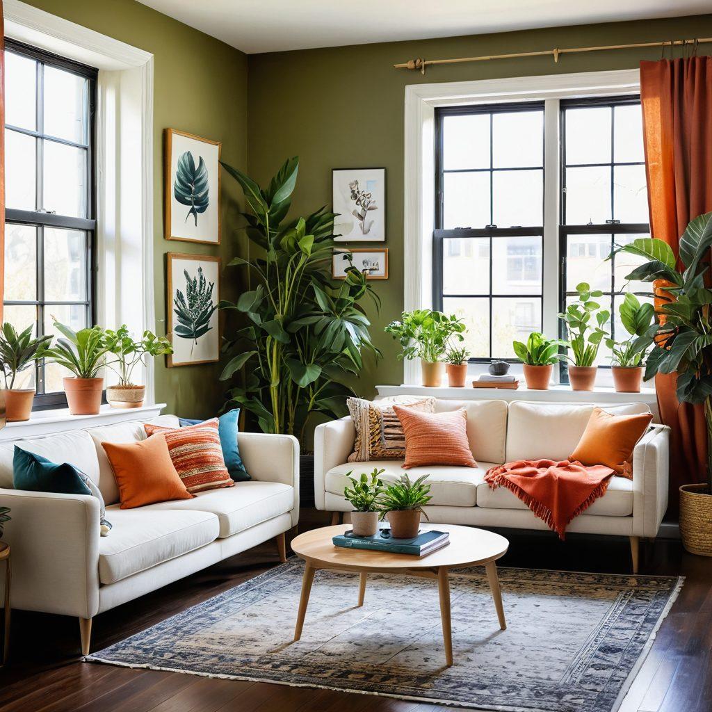 A beautifully styled modern living room featuring vibrant DIY decor elements, plants, and cozy furniture arrangements, with a large window allowing natural light to flood the space. Include a stylish workspace in one corner, representing blogging tools like a laptop, notebooks, and creative sketches. Warm, inviting color palette enhancing the homely feel. super-realistic. vibrant colors. natural light.