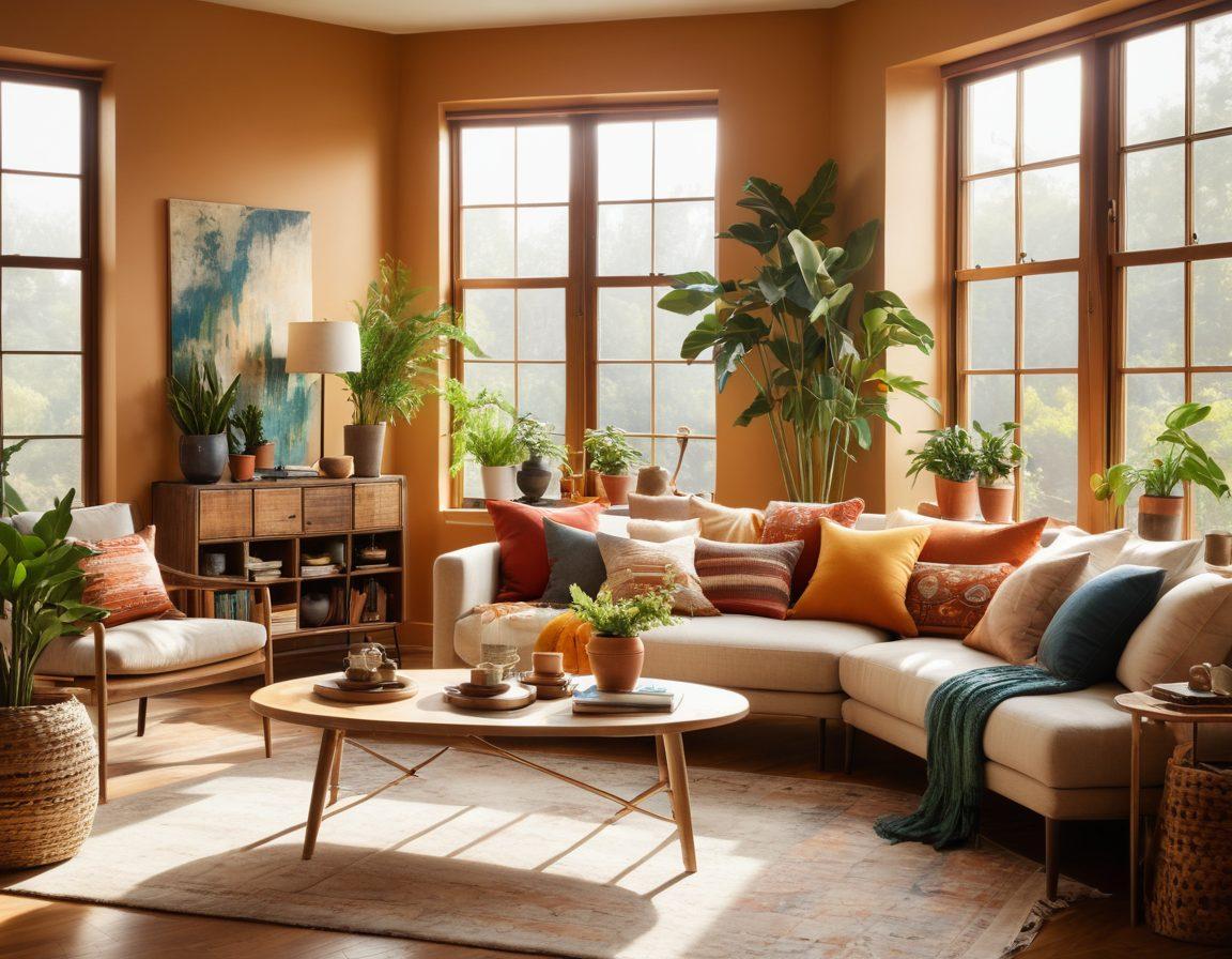A cozy living room scene showcasing various DIY decor elements, such as handmade pillows, upcycled furniture, and modern accents, with a warm color palette. Include a stylish arrangement of plants and decorative items to emphasize a modern touch. Sunlight streaming through large windows enhances the inviting atmosphere. super-realistic. vibrant colors. modern design.