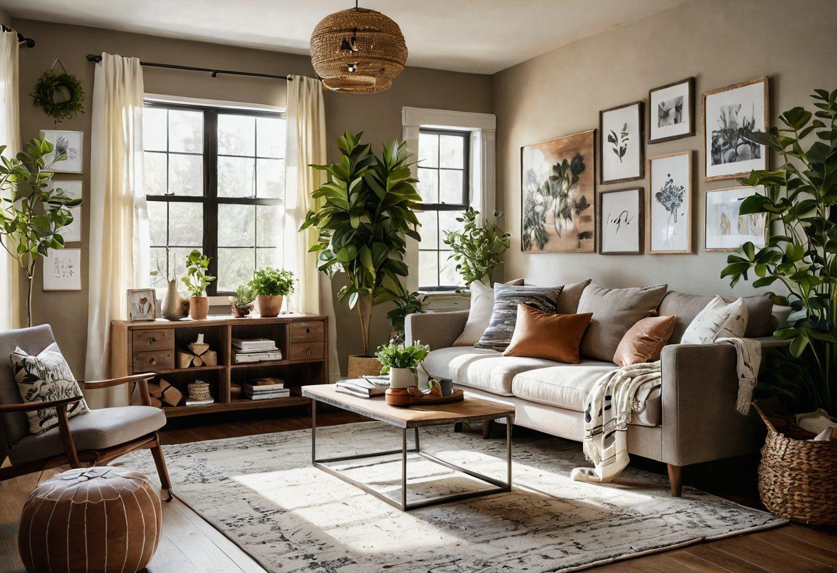 A cozy, sunlit interior showcasing a beautifully decorated living space that seamlessly blends modern and rustic elements. Include a vision board with design sketches, color swatches, and inspirational quotes in the background. Incorporate lush greenery and stylish decor pieces that evoke a sense of transformation and creativity. super-realistic. vibrant colors. warm tones.